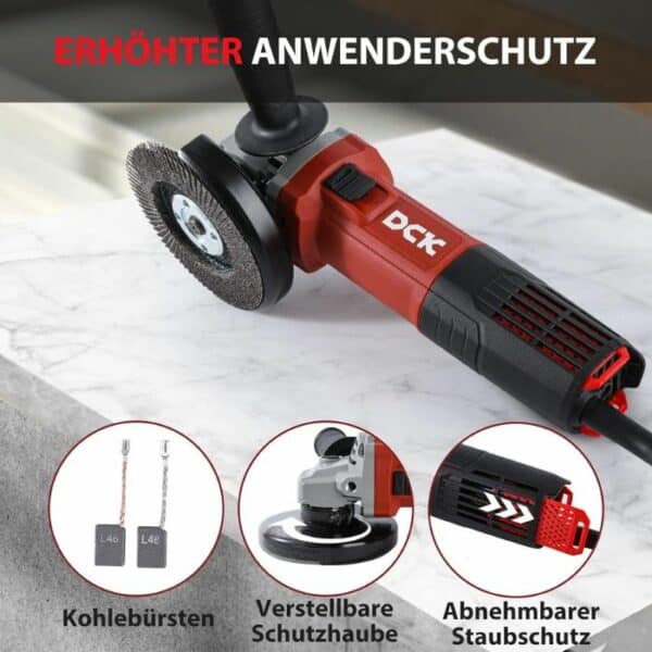 Der DCK Tools KSM17-115B Winkelschleifer kombiniert Kraft, Langlebigkeit und Benutzerfreundlichkeit. Mit einem 1100W Motor und einem kompakten Design ist dieses Werkzeug ideal für professionelle Anwendungen und bietet zuverlässige Leistung bei längeren Arbeiten. 6