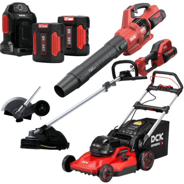 DCK Tools 58V Gartenpflege Gesamtpaket – Rasenmäher + Kombimotor + Akku-Set