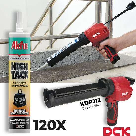 AKFIX AKTIONSSET Hightack weiß 120x + 1x DCK Akku-Kartuschenpistole 12V – Komplettes Klebeset für Profis